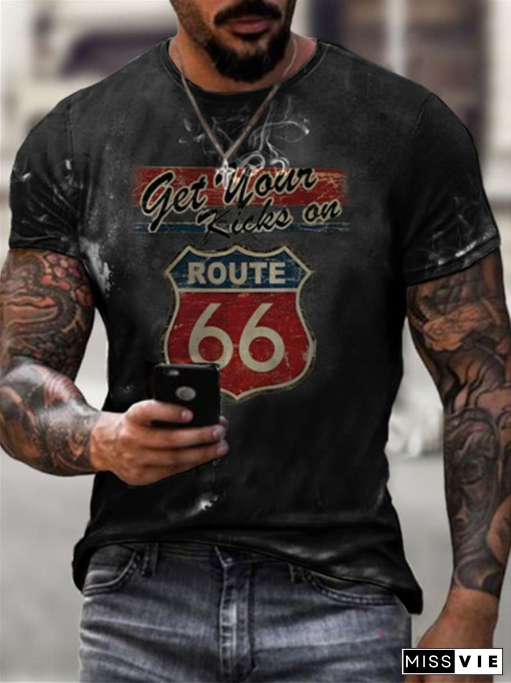 New Fashion Route 66 Digital Printing Trend Men's Sports Short-sleeved T-shirt