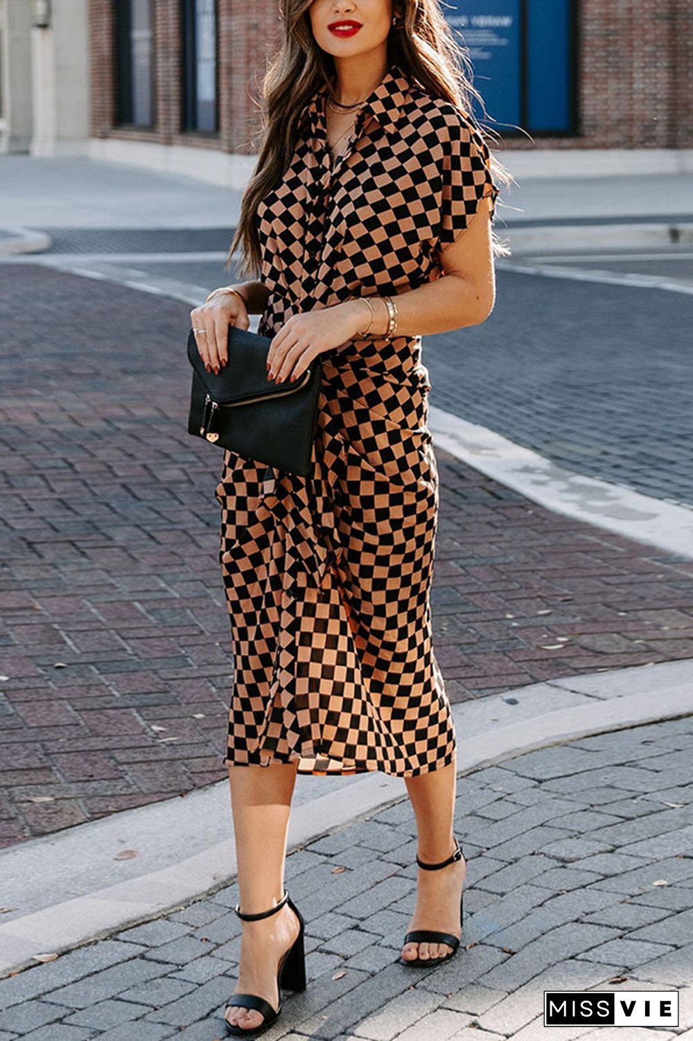 Checkmate Printed Tie Front Midi Shirt Dress