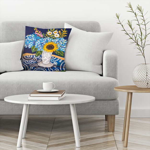 Americanflat Farmhouse Botanical Hydrangeas And Sunflowers Throw Pillow By Mandy Buchanan