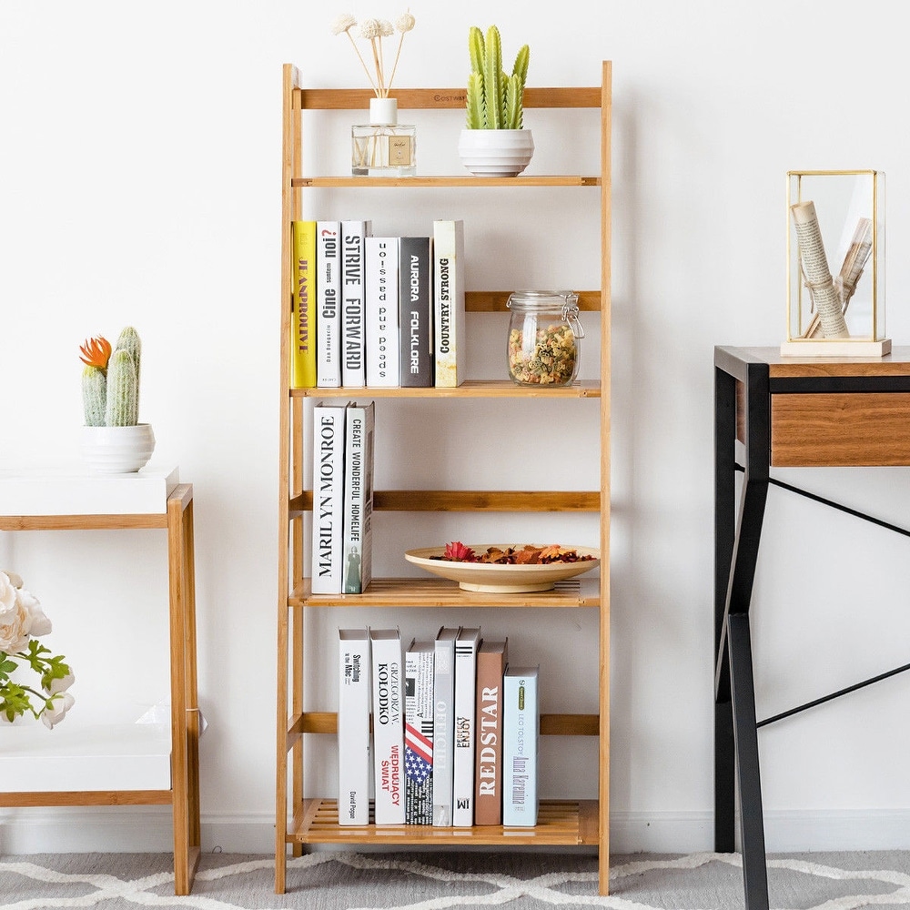 Costway Multifunctional 4 Shelf Bamboo Bookcase Ladder Plant Flower   19''x12.5''x47.5''