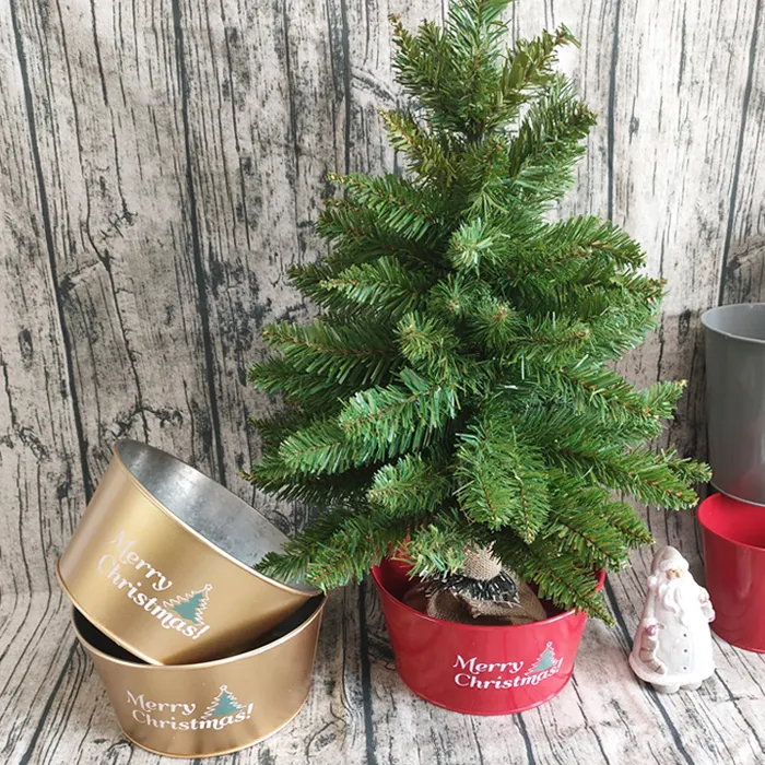 Custom round red metal buckets for decoration Christmas gift tree bases pot