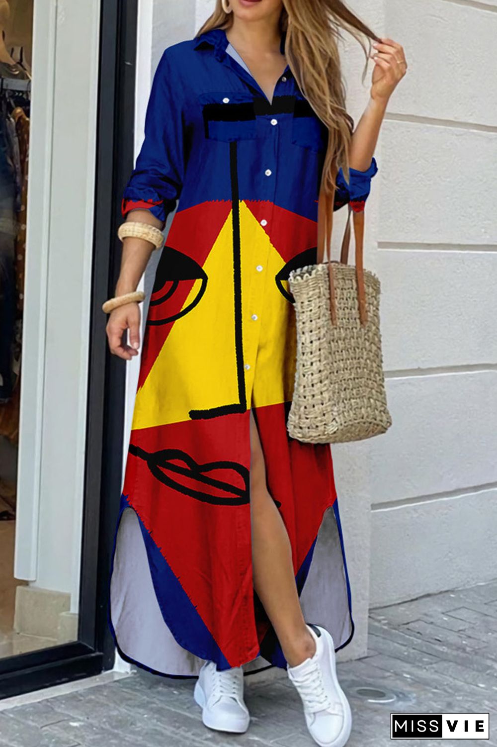 Dark Blue Casual Street Print Patchwork Buckle Turndown Collar Shirt Dress Dresses