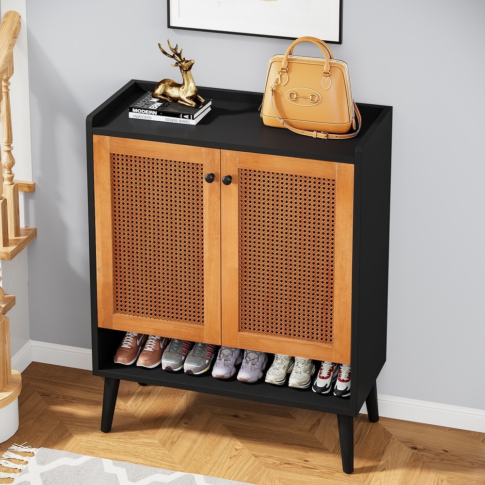 Shoe Cabinet with Doors  Rattan Shoe Storage Cabinet  6 Tier Shoes Organizer Cabinets for Entryway