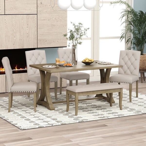 Wood Dining Table Set w/Trestle Table， 4 Upholstered Chairs and Bench， 6-Piece Set