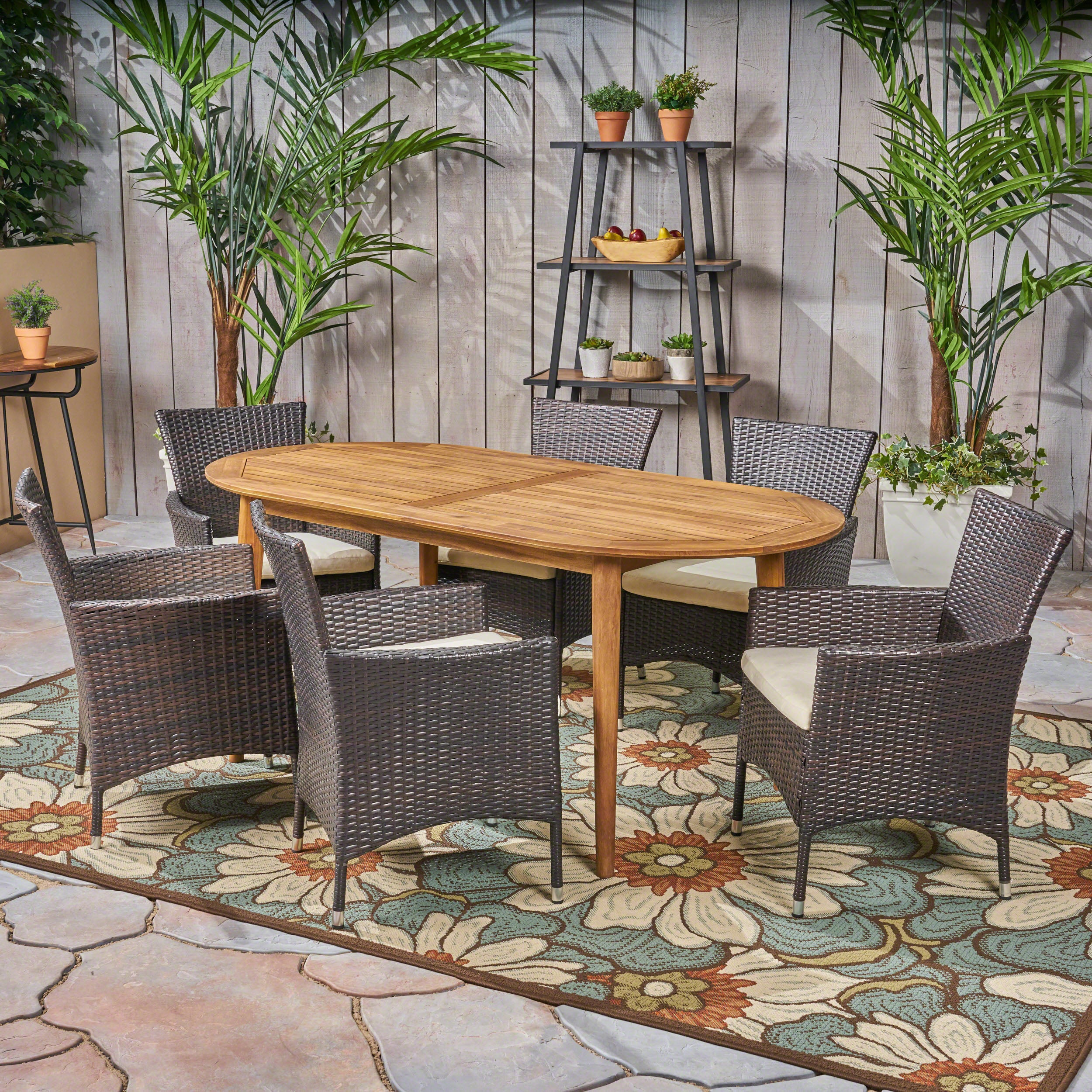 Stanford Outdoor 7-Piece Acacia Wood Dining Set with Wicker Chairs and Cushions