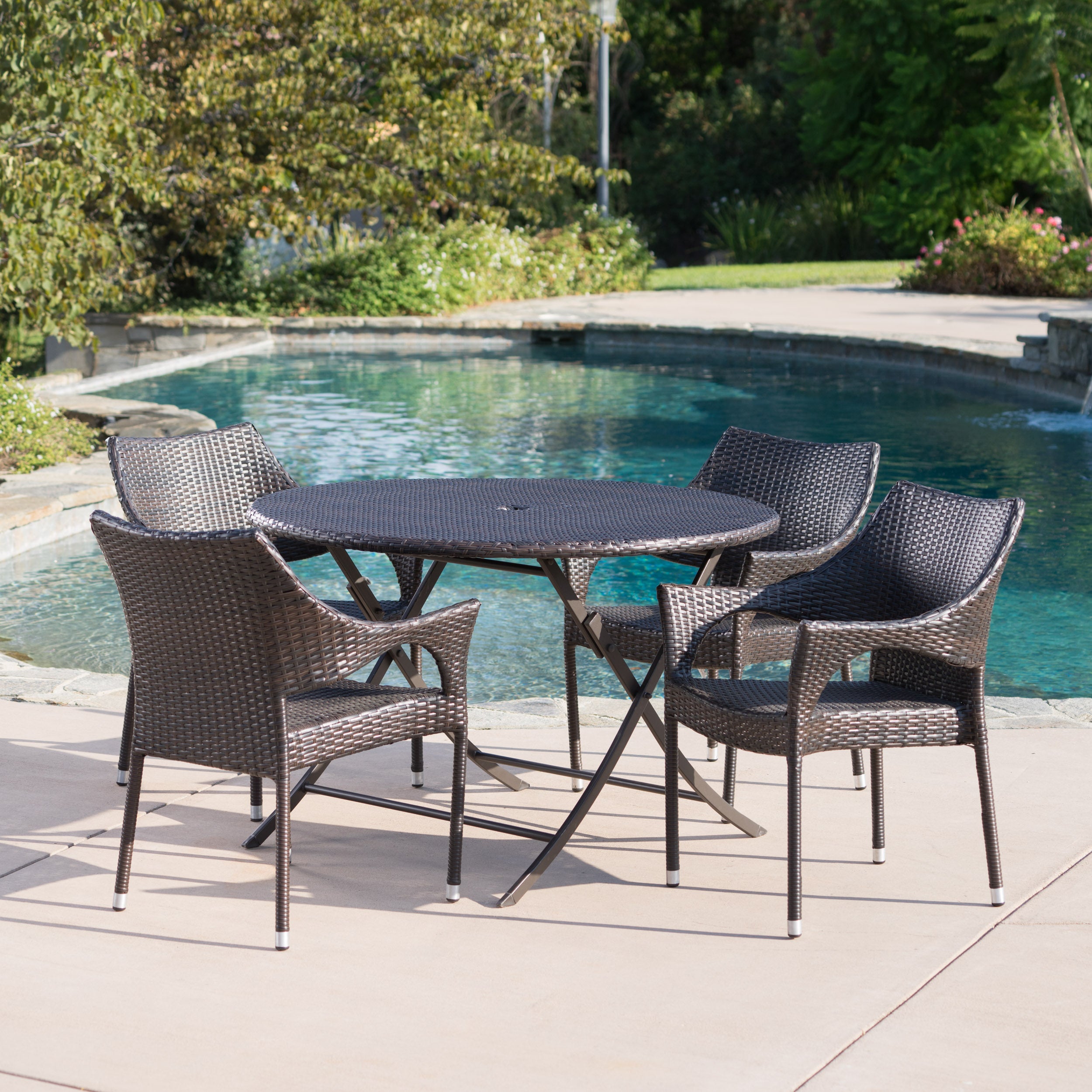 Kara Outdoor 5-Piece Multi-Brown Wicker Dining Set with Foldable Table