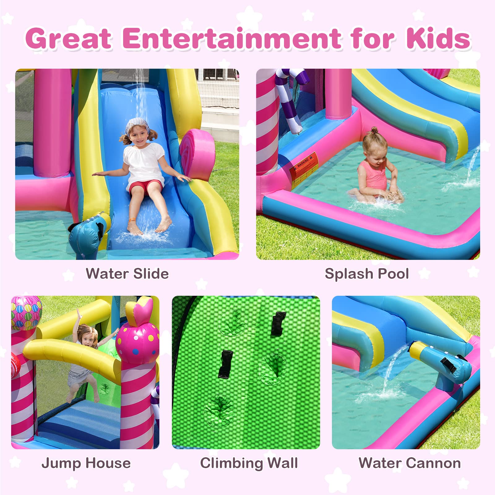 Costzon Inflatable Water Slide, 6-in-1 Sweet Candy Kids Water Bounce House Combo w/480W Blower