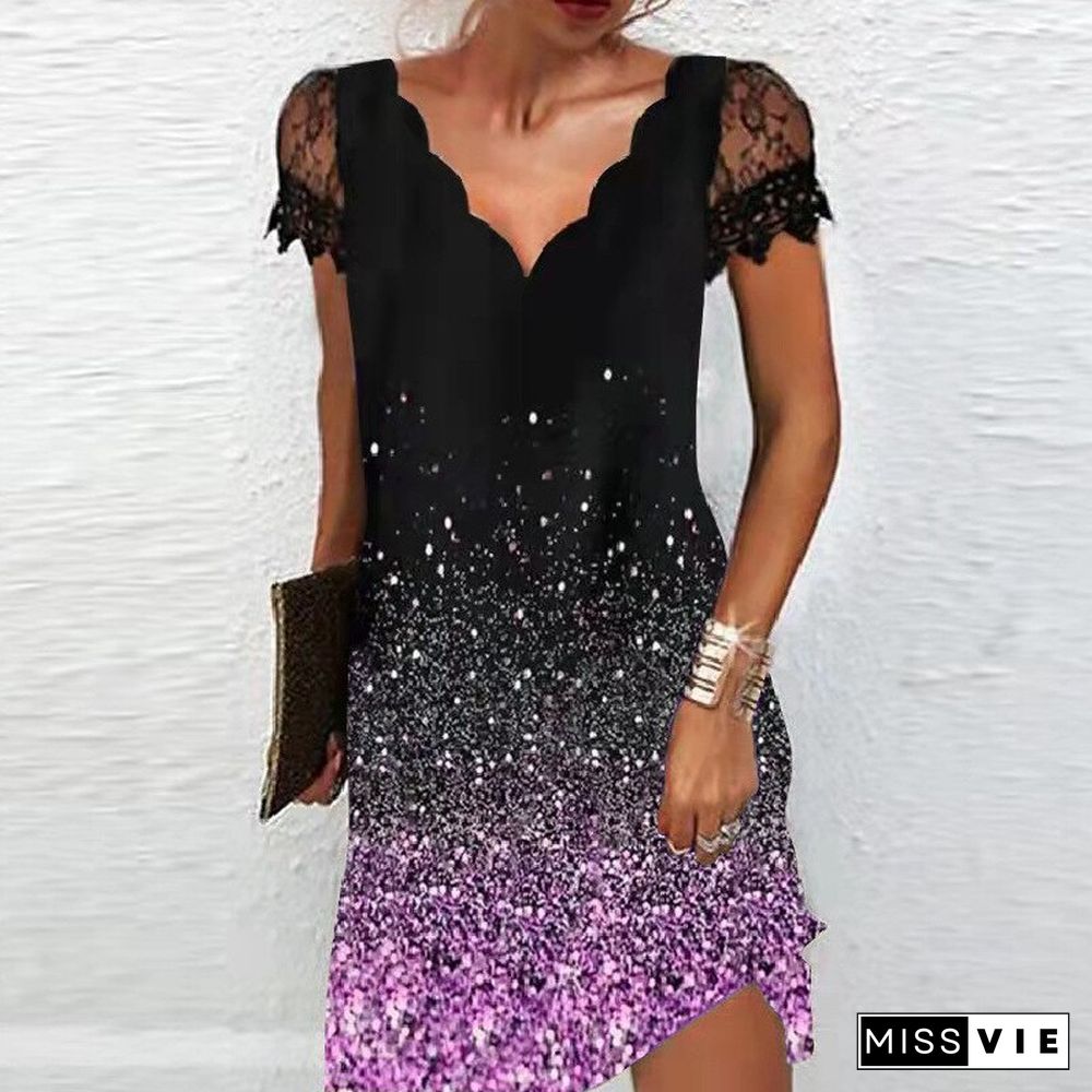 Summer Women's Casual Short Sleeve Dress Mesh Positioning Printed Lace V-Neck Beach Dress