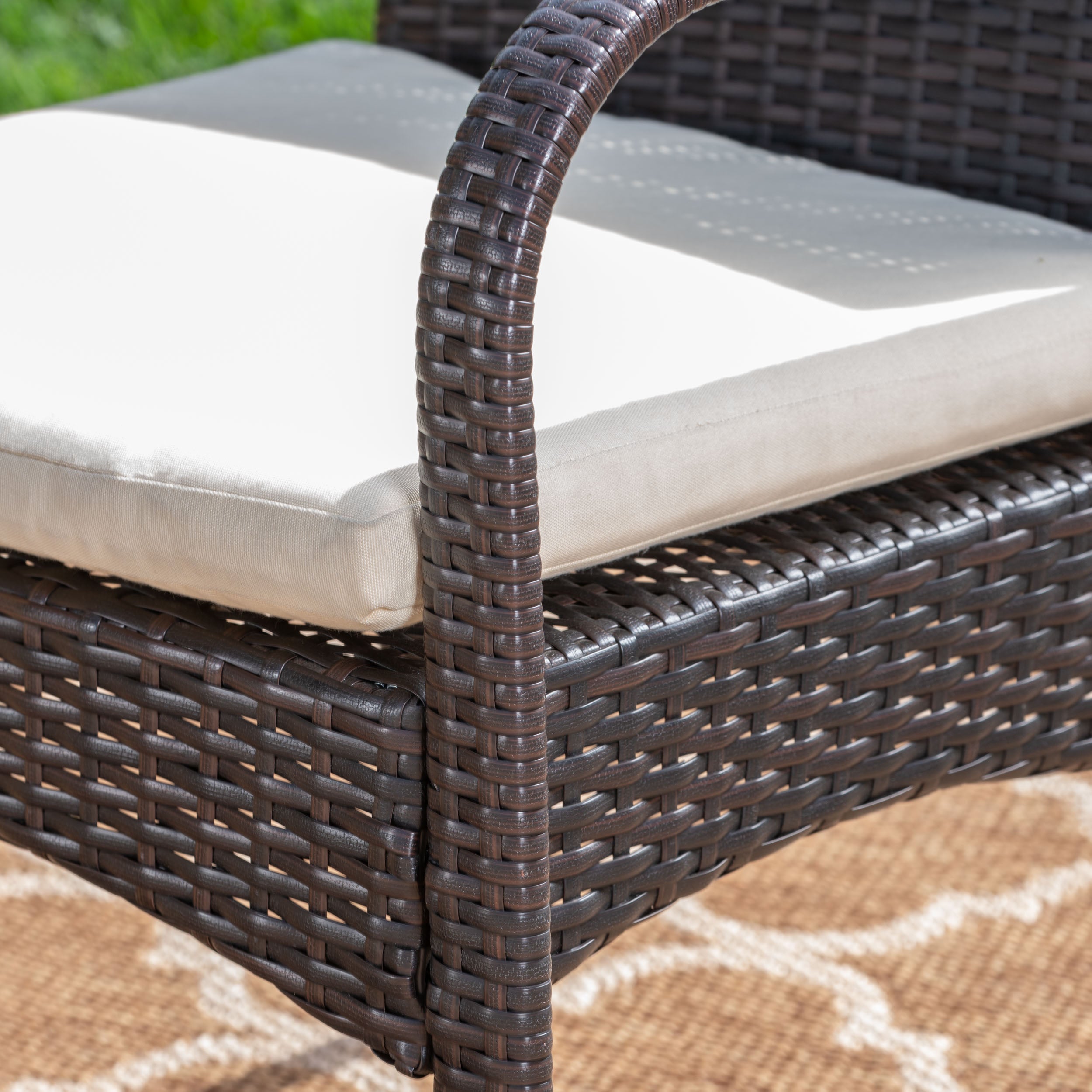 Jerica Outdoor 3 Piece Acacia Wood/ Wicker Bistro Set with Cushions, Teak Finish and Multibrown with Crème