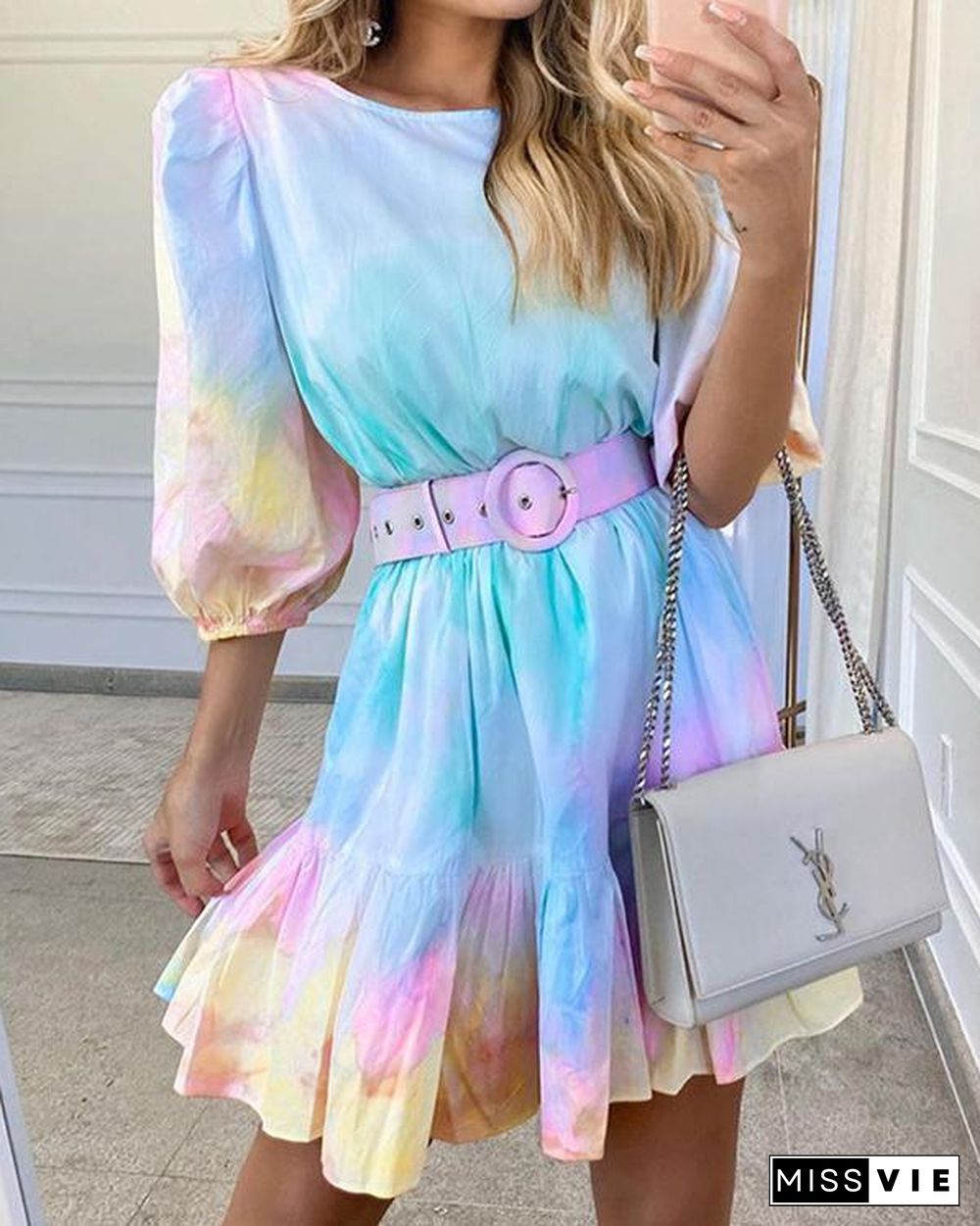 Tie Dye Print Puff Sleeve Round Neck Summer Dress