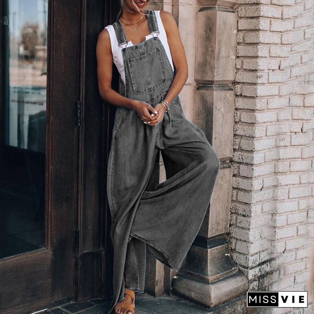 Denim Wide Leg Suspenders Jumpsuit