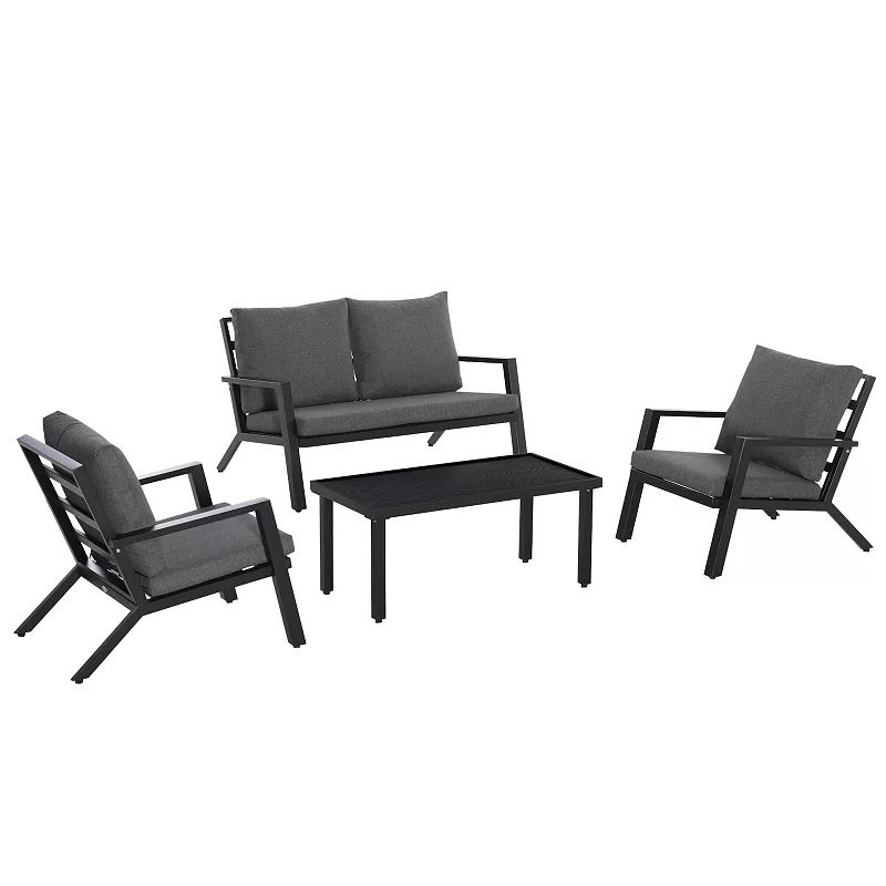 Outsunny 4 Piece Patio Furniture Set， Outdoor Conversation Set with Armchairs， Loveseat， Coffee Table and Cushions for Backyard， Poolside， Lawn and Garden， Black