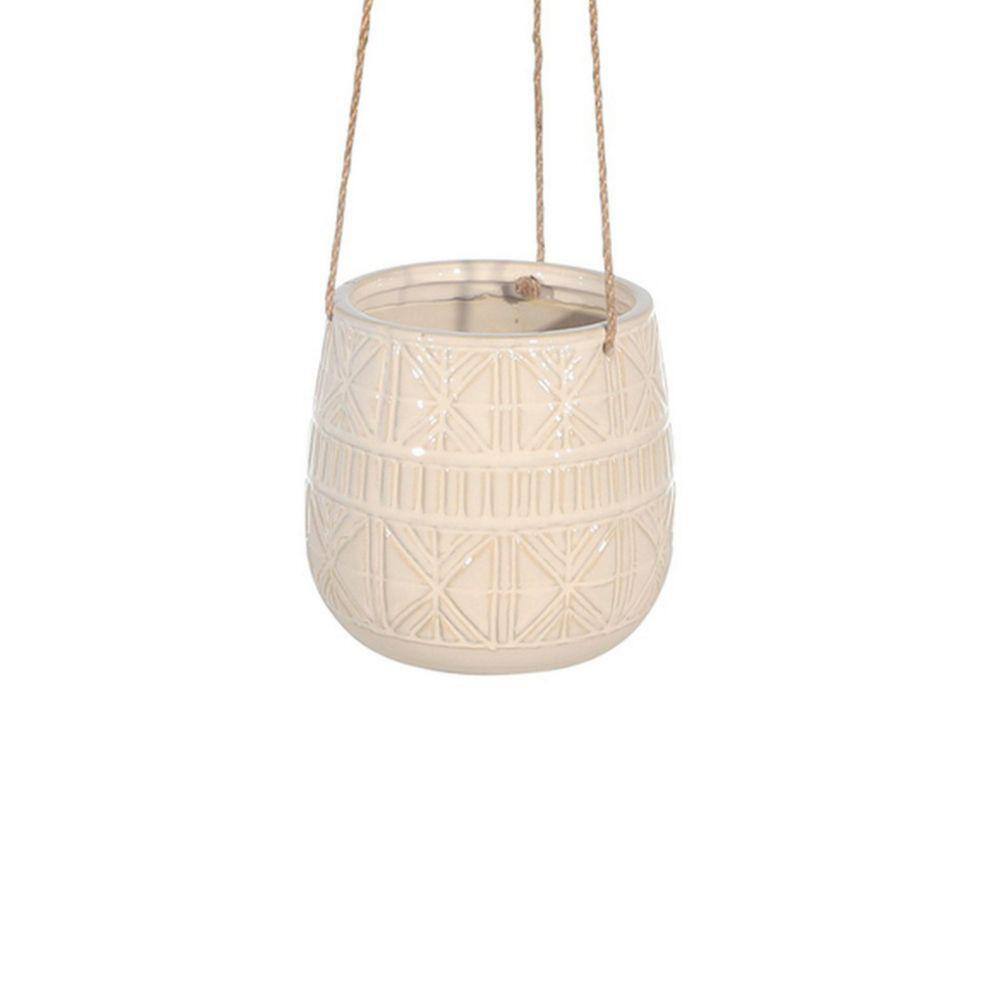 Benjara 7 in. L x 6.5 in. H Beige Hanging Planter with Ceramic Body and Abstract Details BM263811