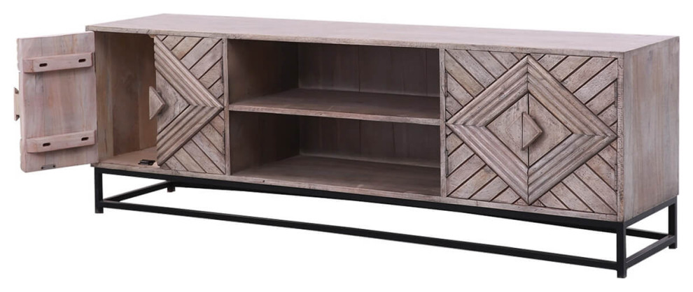 Dunkeld Rustic Solid Wood 4 Doors Iron Base Large TV Bench Cabinet   Industrial   Entertainment Centers And Tv Stands   by Sierra Living Concepts Inc  Houzz