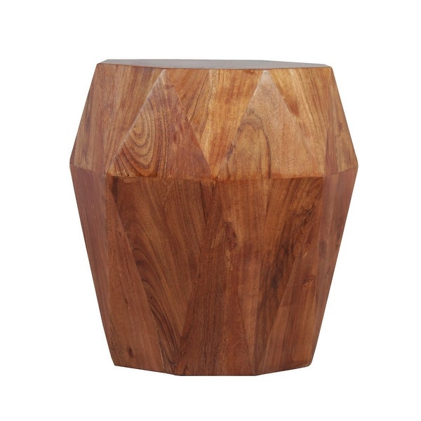 Bon 22 Inch Artisanal End Side Table， Multifaceted Solid Acacia Wood， Octagon Top， Warm Brown