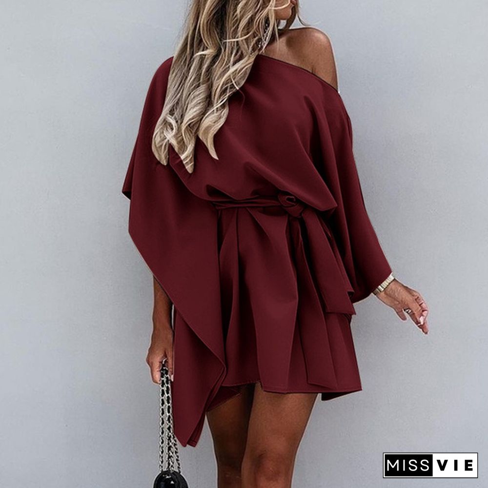 Women Fashion Batwing Sleeve Party Holiday Mini Dress One Off Shoulder Sexy Ruffled Short Dress Vestidos Plus Size