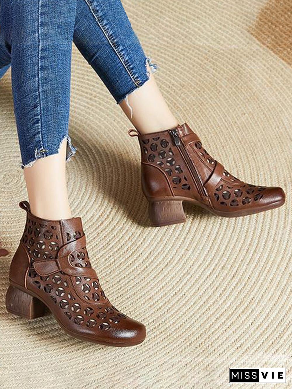 Vintage Cutout Chunky Heel Boots