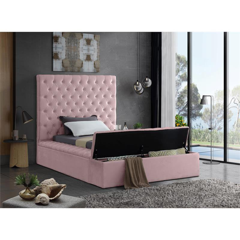 Meridian Furniture Bliss Solid Wood Tufted Velvet Twin Bed in Pink