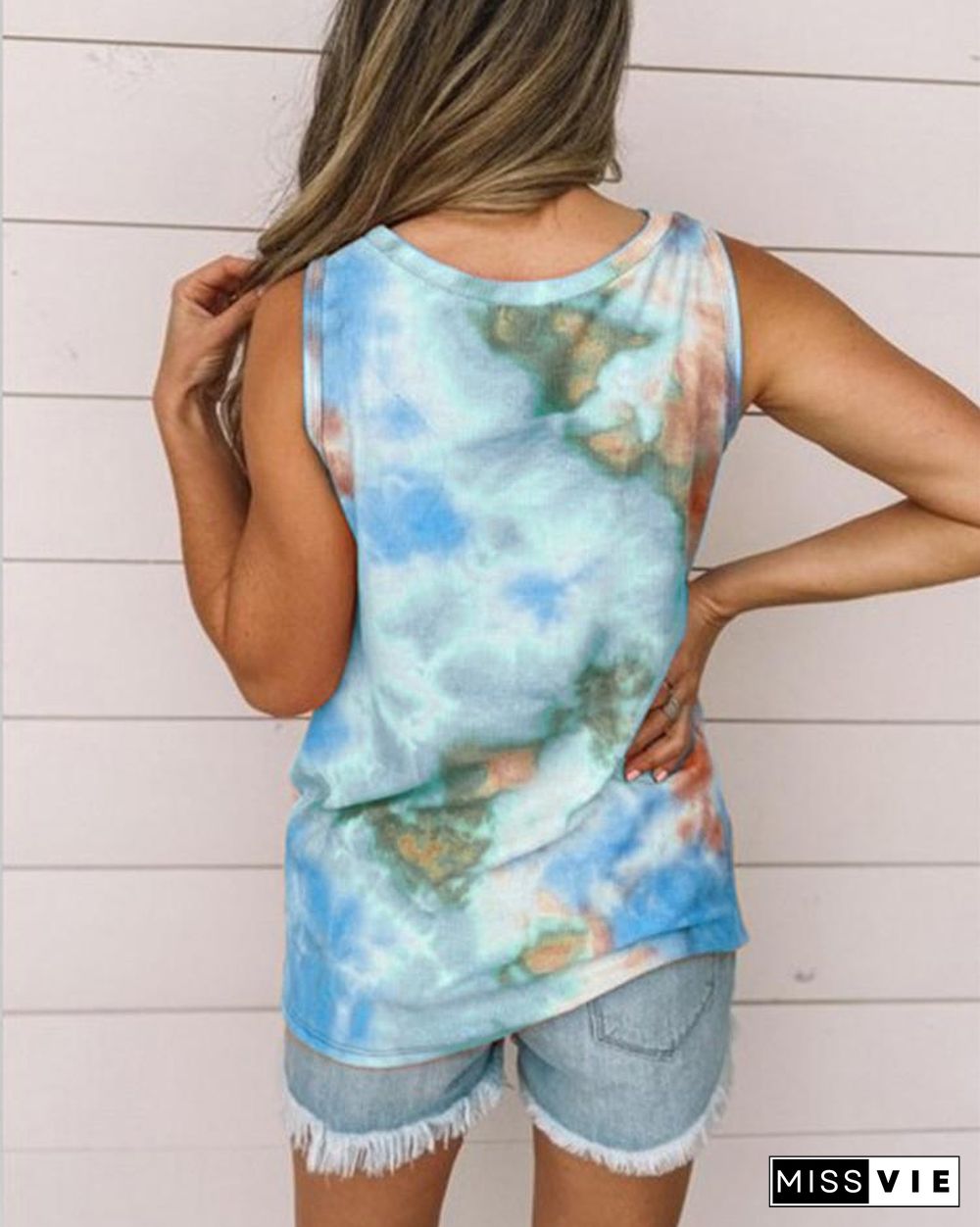 Women's Round Neck Tie-dye Knotted Printed Vest T-shirt