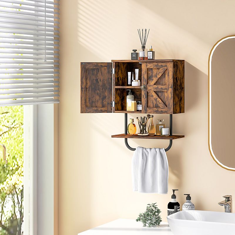 2-Door Bathroom Wall-Mounted Medicine Cabinet with Open Shelf and Towel Rack