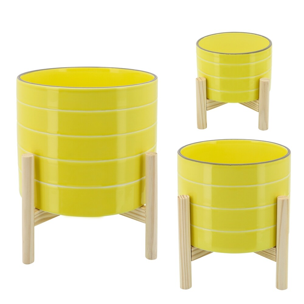 Handmade Yellow Ceramic Planter with Natural Wood Stand   8.0\