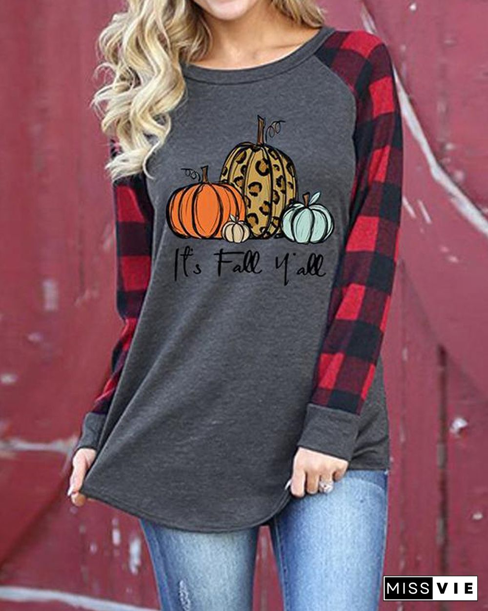 Red Plaid Halloween Pumpkin Pattern Long Sleeve T-shirt