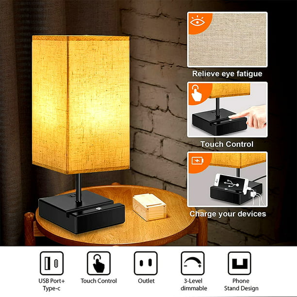 Eva's Light Nightstand Lamps set of 2, 3-Way Dimmable Bedside Lamp with USB / Type C Port and Outlet for Bedrooms