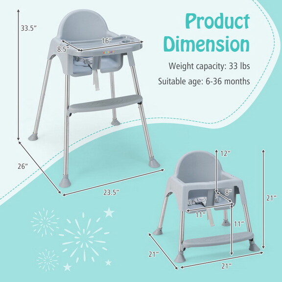 Costway 4 in 1 Convertible Baby High Chair with Re...