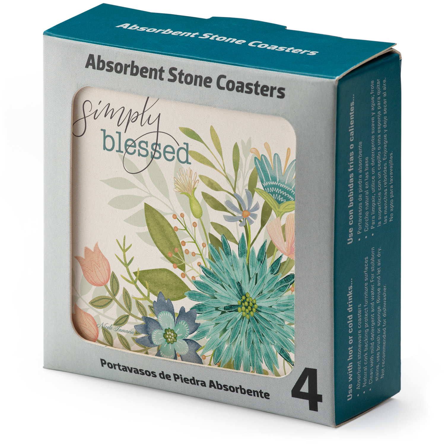 Conimar Simply Blessed Stoneware Coasters with Cork Bottom， in Blues， Teals， Greens and Pinks， 4Pk