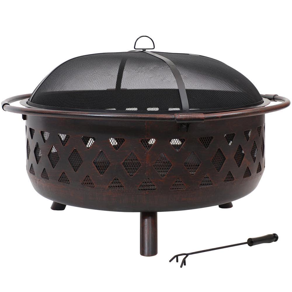 Sunnydaze Decor Cross Weave 36 in x 24 in Large Round Steel Wood Burning Fire Pit in Bronze with Spark Screen