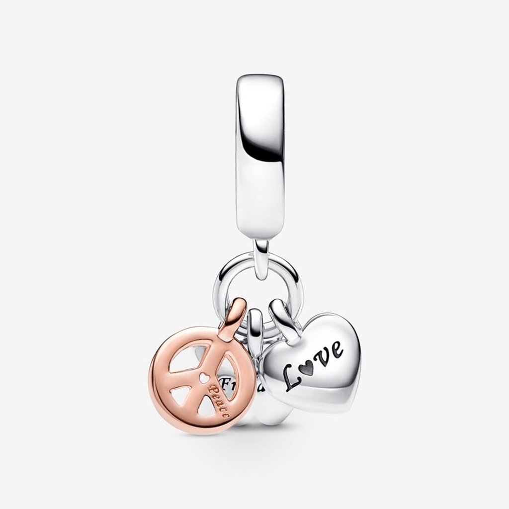 PANDORA  Two-Tone Rainbow Heart, Butterfly & Peace Triple Dangle Charm