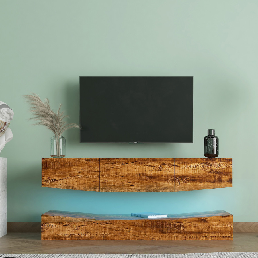 Wall Mounted Walnut TV Cabinet With Three Drawers and LED Lights   Rustic   Entertainment Centers And Tv Stands   by Miron Demid LLC  Houzz