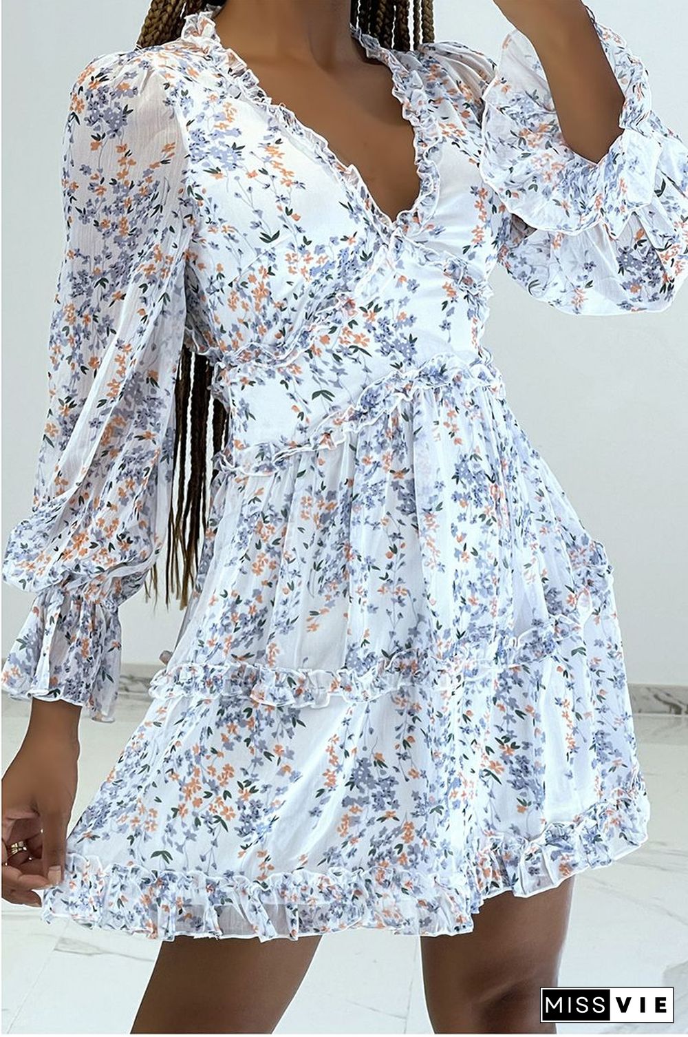 Ditsy Floral Prints Ruffle Edge Tiered Long Sleeve Boho Dress