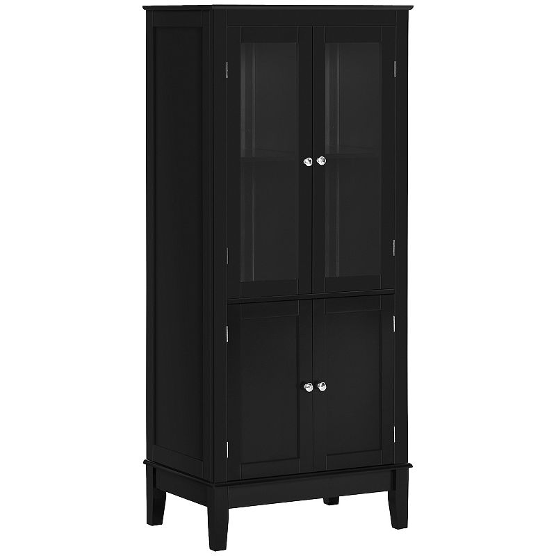 kleankin Bathroom Floor Cabinet with 2 Storage Cabinets， Tempered Glass Door， Freestanding Linen Tower with Adjustable Shelves for Living Room， Black