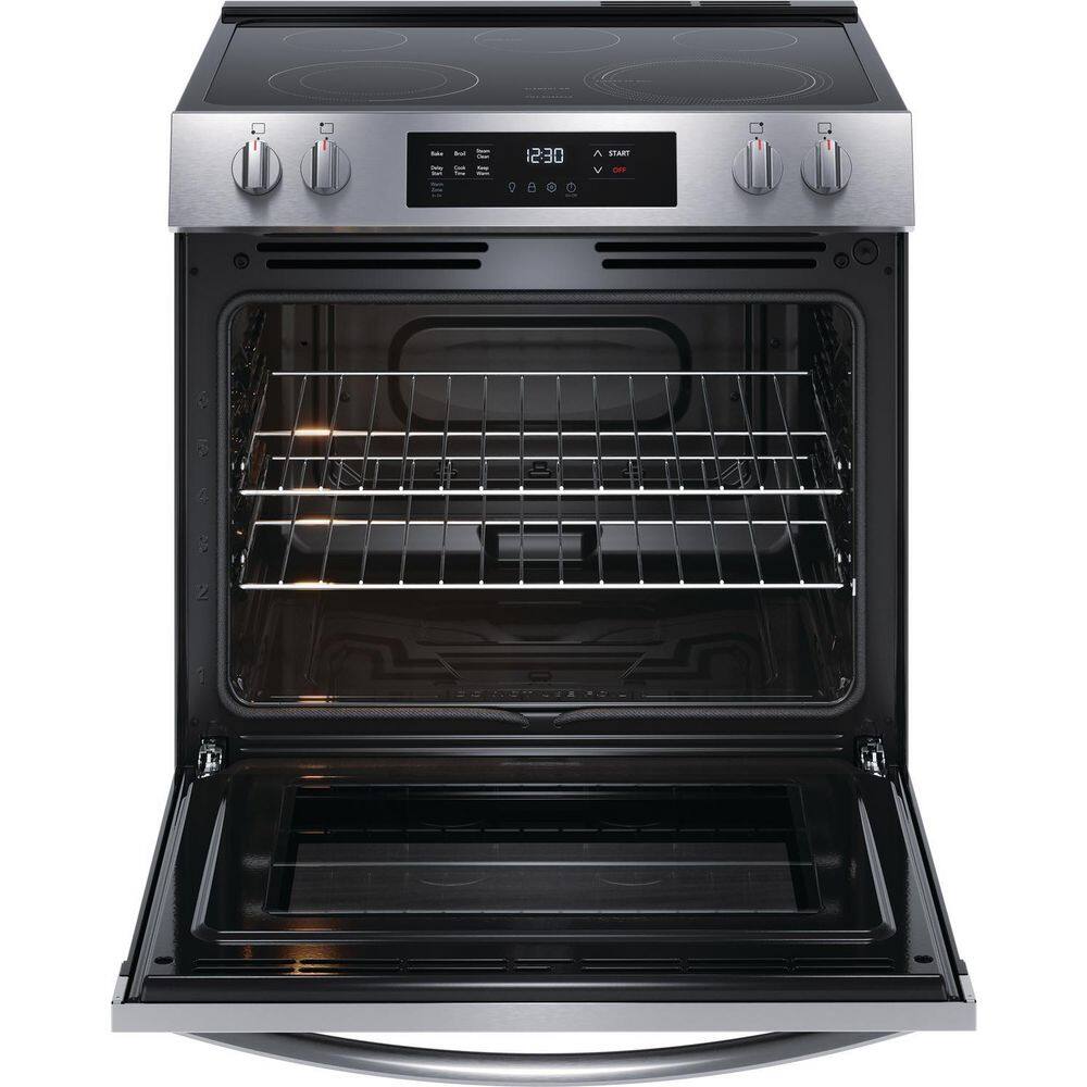 Frigidaire 30 in. 5-Element Slide-In Front Control Electric Range with Steam Clean in Stainless Steel FCFE3062AS