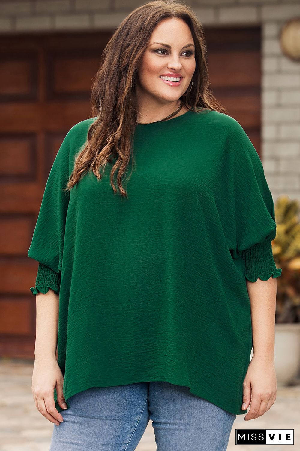 Green Crinkle Texture Puff Sleeve Plus Size Top