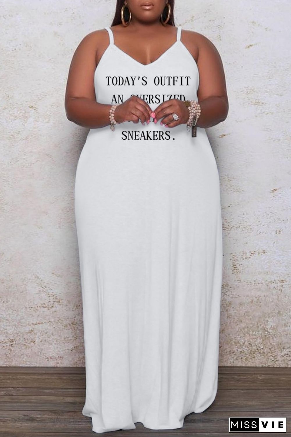 White Sexy Casual Letter Print Solid Backless Spaghetti Strap Long Dress Plus Size Dresses