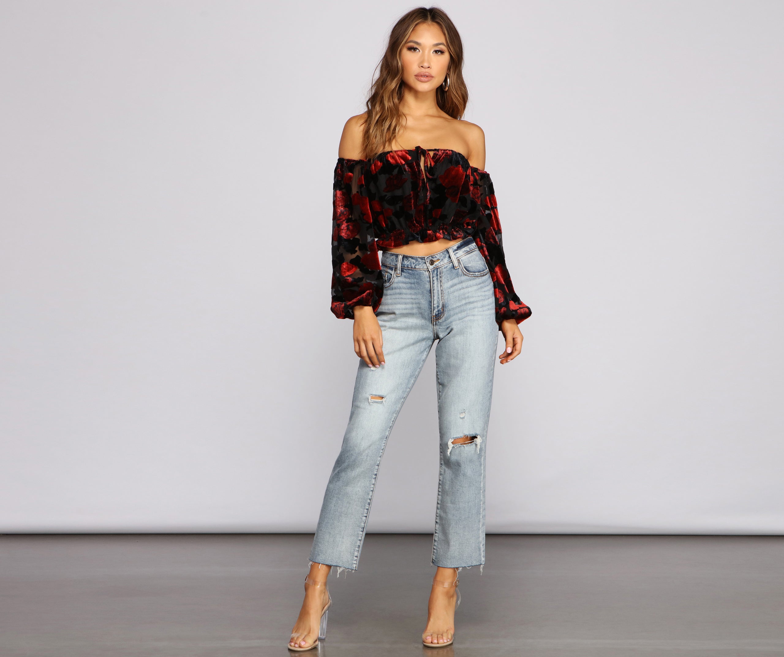 Floral Burnout Off The Shoulder Crop Top