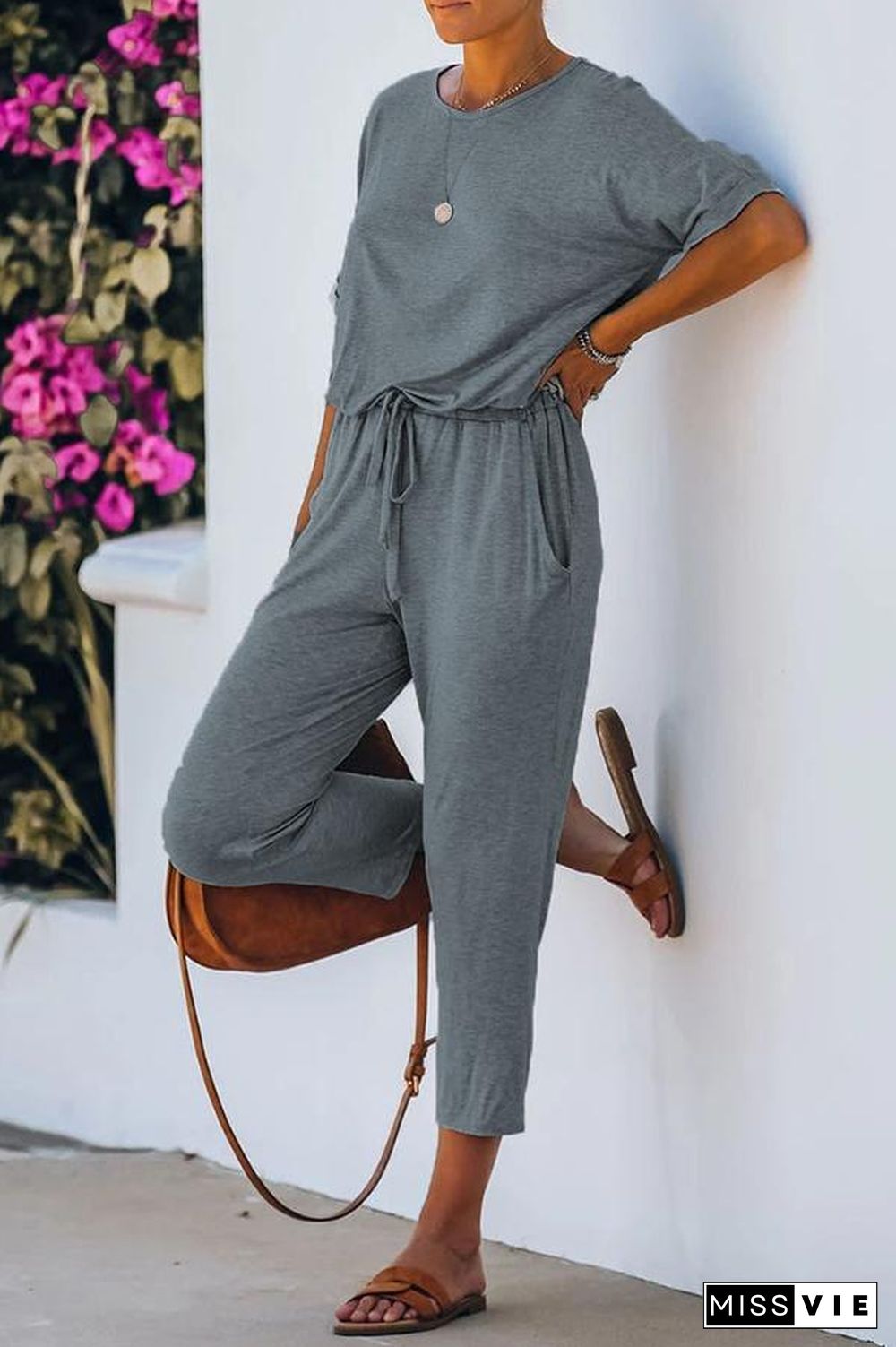 Short Sleeve Round Neck Casual Jumpsuit P14775