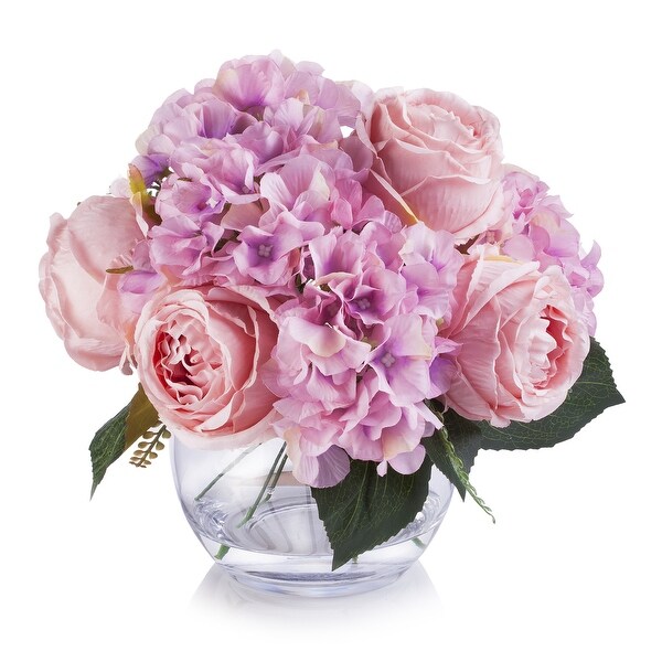 Enova Home Pink Artificial Silk Hydrangea and Peony Fake Flowers Arrangement in Clear White Vase with Faux Water for Home Decor