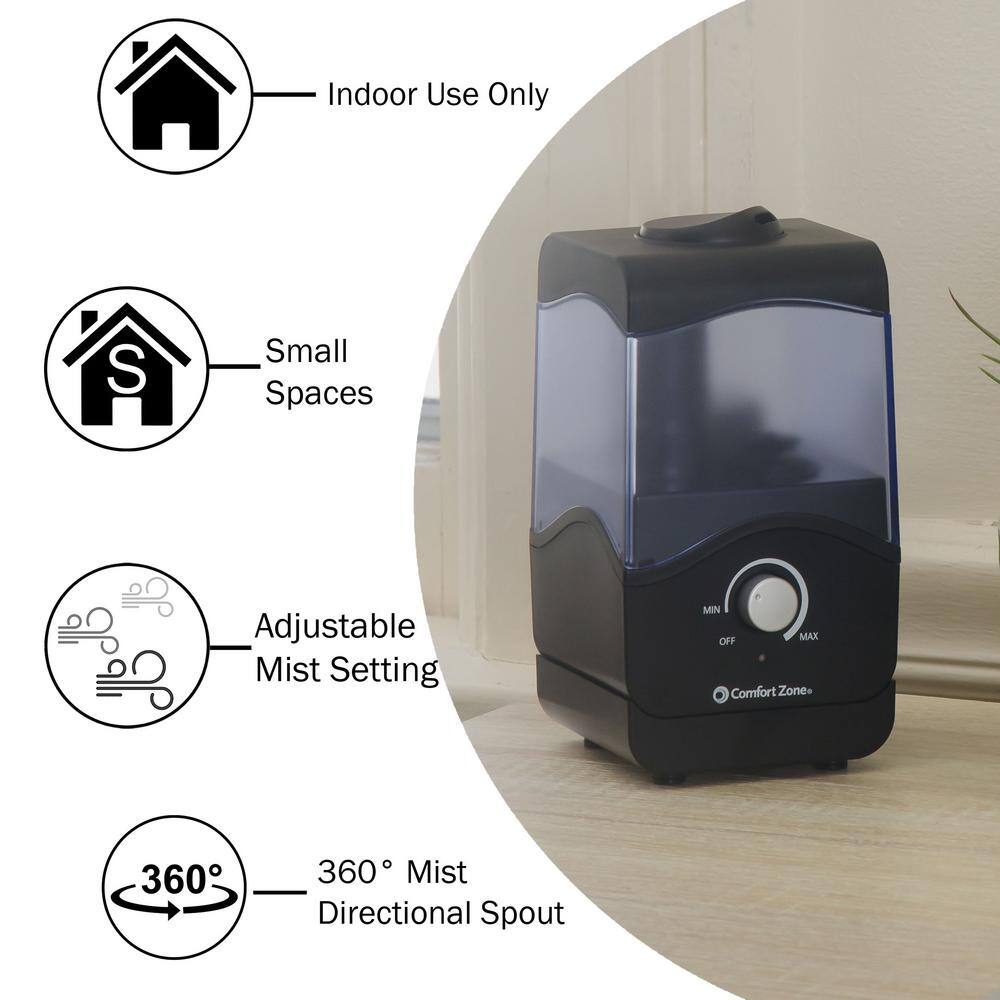 Comfort Zone Personal Wave Whisper-quiet Cool Mist Portable Ultrasonic Aromatherapy Humidifier with Auto Shut-Off CZHD10BK