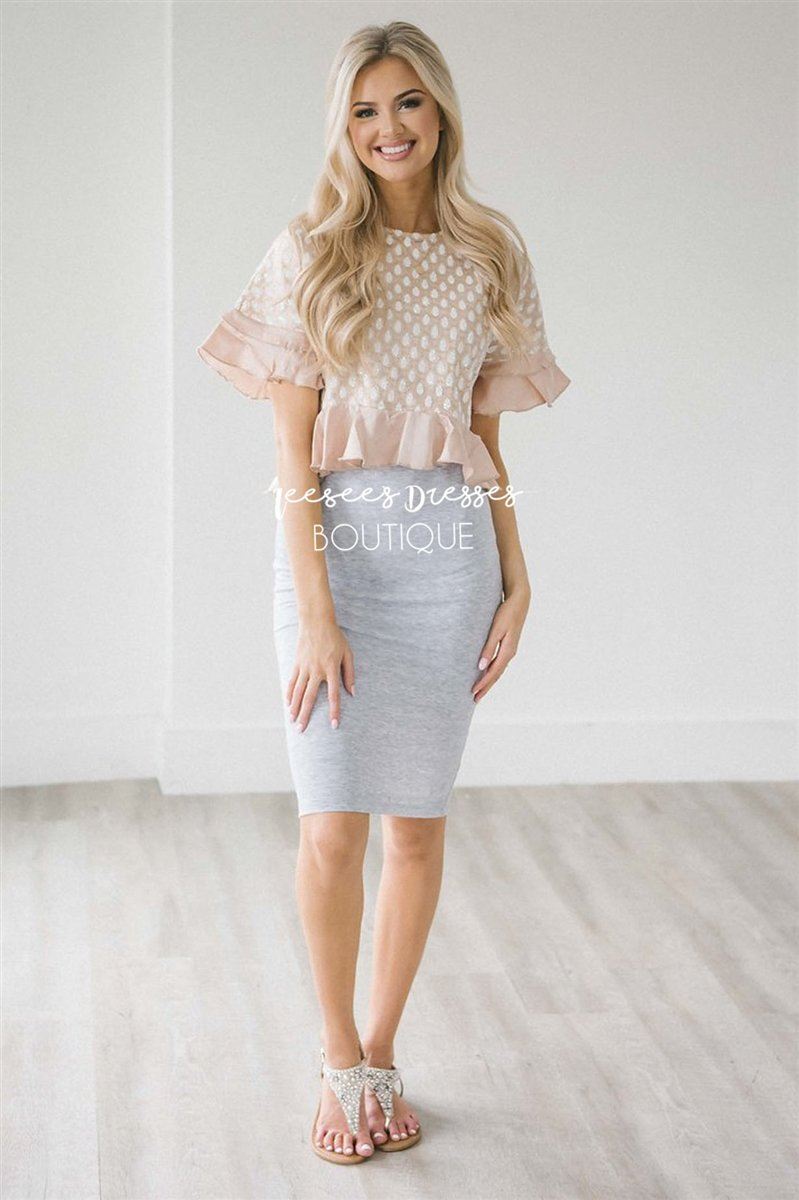 Gray Pencil Dress Champagne Shimmer Top