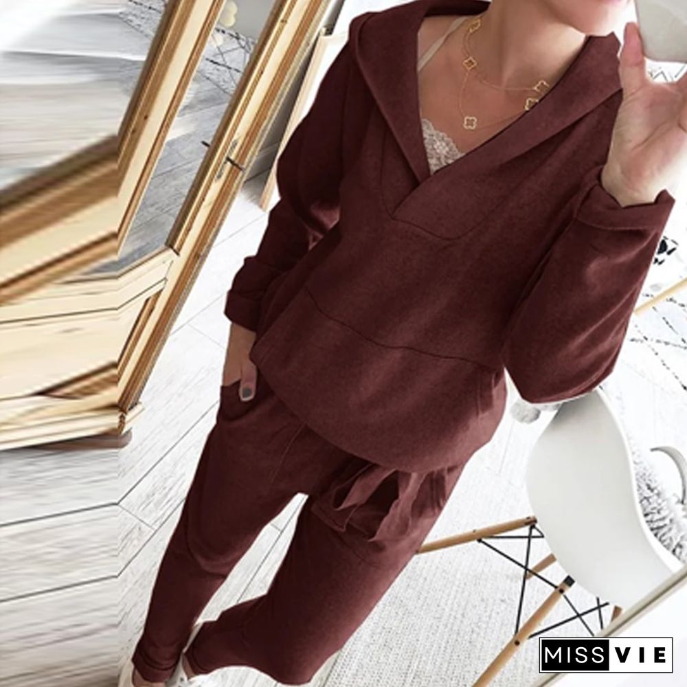 Elegant V Neck Long Sleeve Hoodie And Long Pants Suits Casual Simple Loose Two Piece Sets Women Fashion Sportswear Solid Outfits