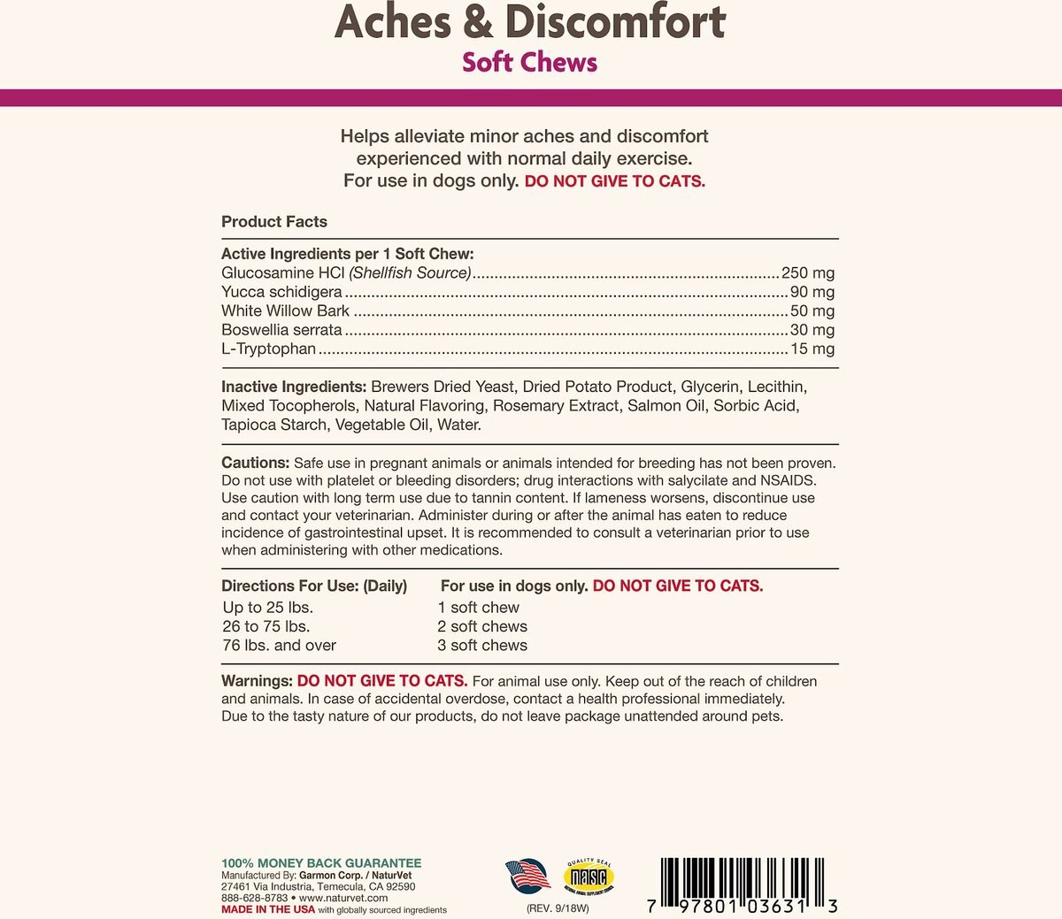 NaturVet Aches and Discomfort Plus Glucosamine Soft Chews Joint Supplement for Dogs