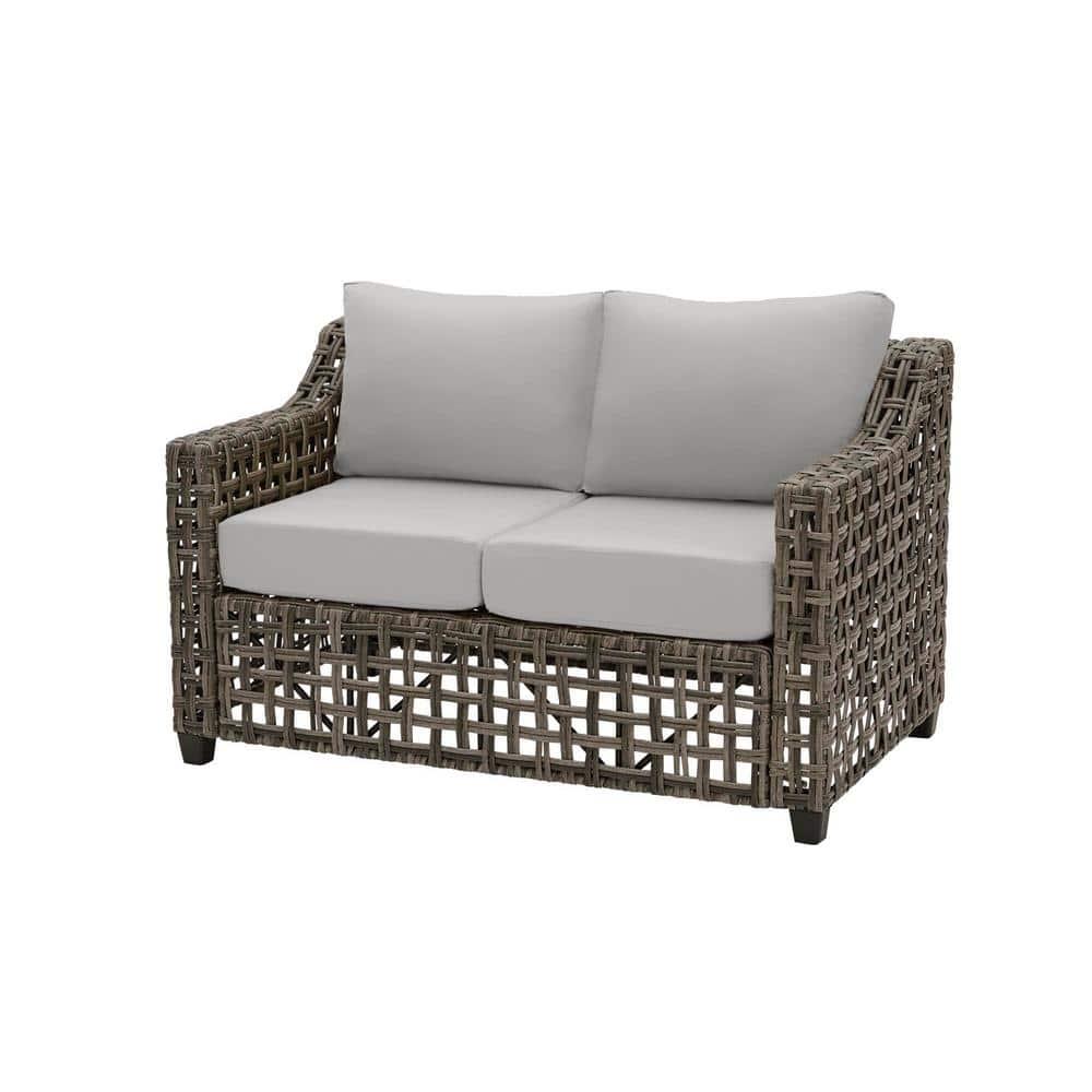 Hampton Bay Briar Ridge Brown Wicker Outdoor Patio Loveseat with CushionGuard Stone Gray Cushions