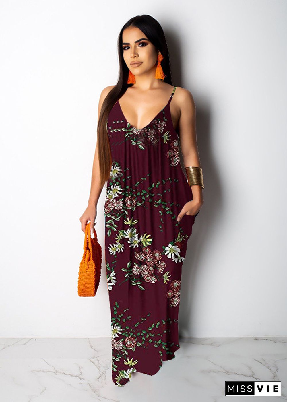 Hot Style Women's Summer Boho Floral Print Sleeveless V Neck Loose Long Maxi Party Beach Dress