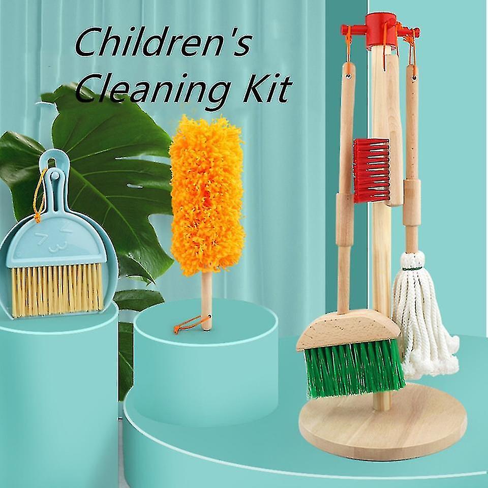 Wooden Detachable Toy Cleaning Set， Kids Cleaning Toys 6 Piece - Hanging Stand Play Kitchen Cleaning