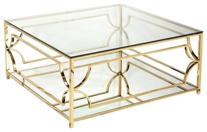 American Home Classic Edward Square Metal and Glass Coffee Table in Polish Gold   Contemporary   Coffee Tables   by Homesquare  Houzz