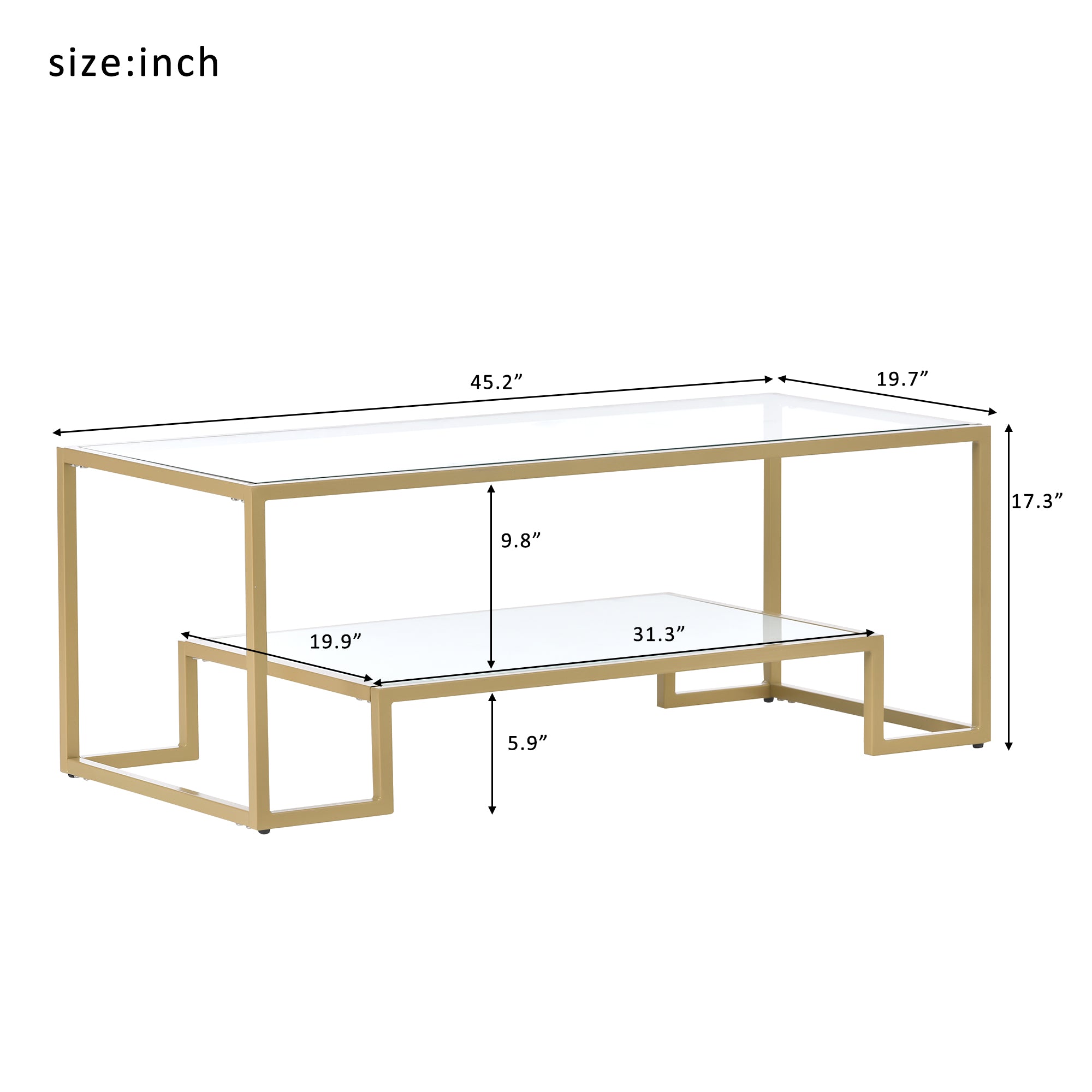 Modern Minimalist Design Living Room Coffee Table, Metal with Stained White Tempered Glass, 2-Tier Sofa Cocktail Tables, Gold