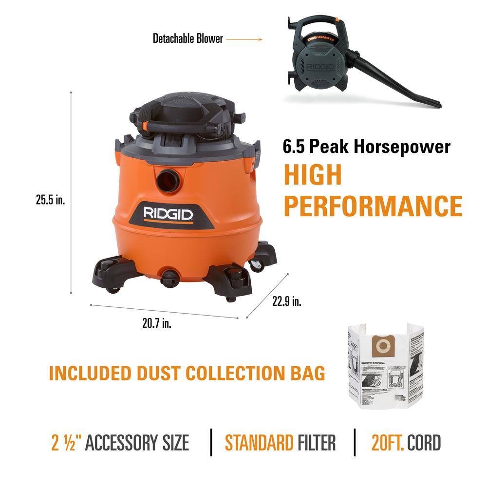 RIDGID 16 Gallon 6.5 Peak HP NXT WetDry Shop Vacuum with Detachable Blower Filter Dust Bags Locking Hose and Accessories HD1600B